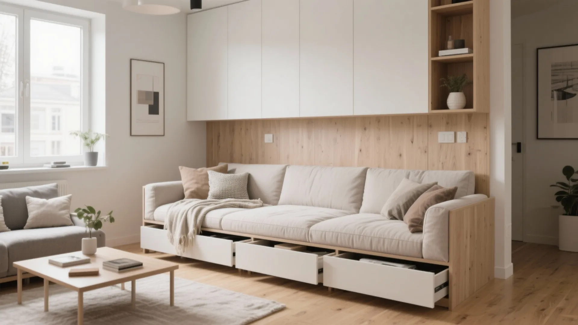 Modern daybed with built-in drawers in a small bright living space