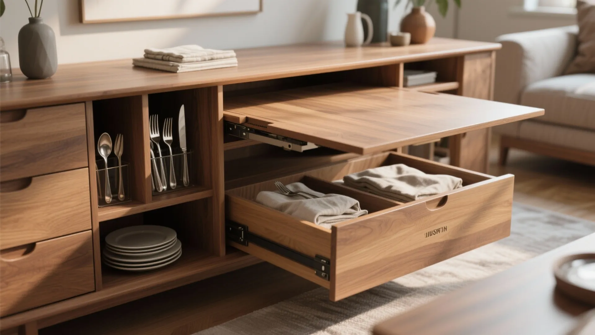 Drop leaf table with built-in shelves and drawers