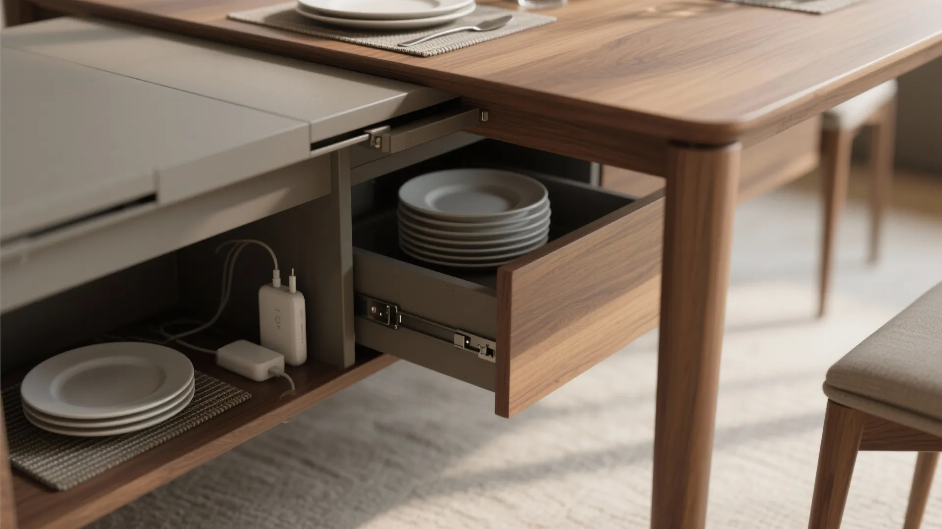 Close-up of integrated shallow storage drawers and shelving built into a drop-leaf table base.
