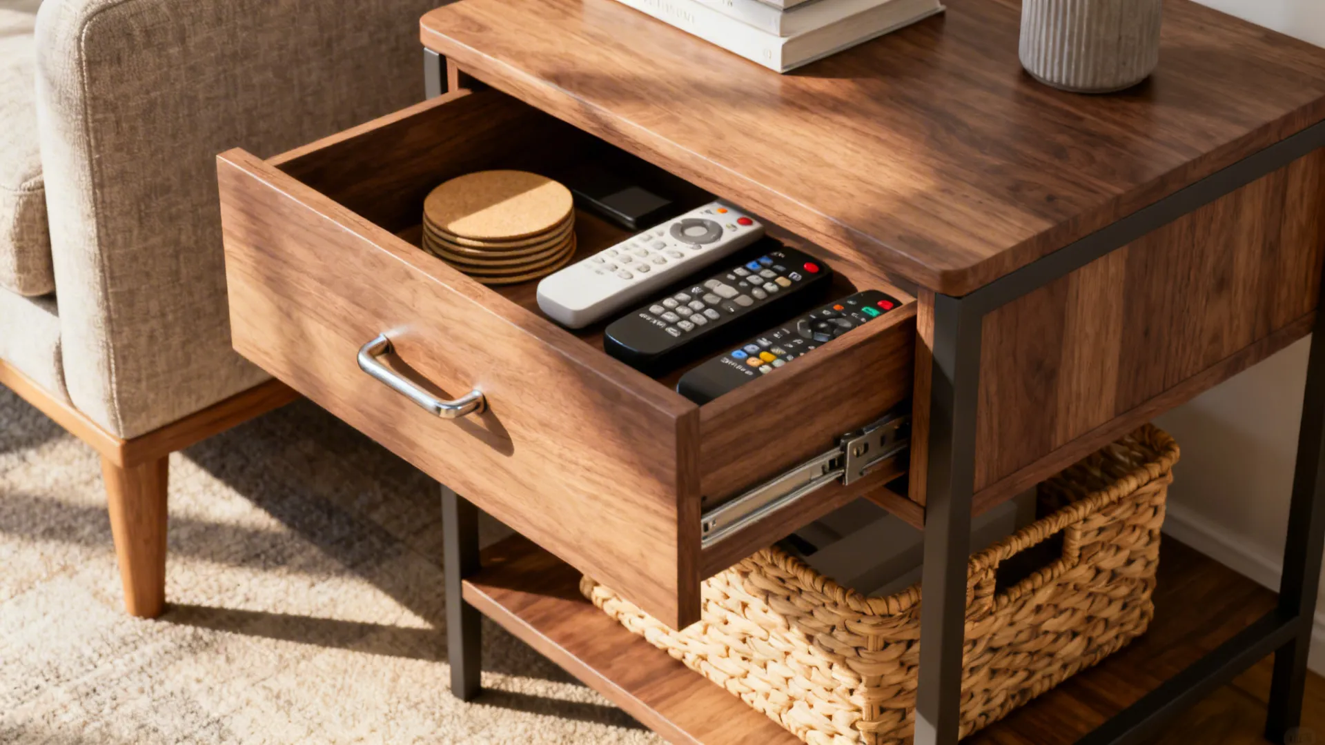Storage end table with drawer open and lower shelf holding a woven basket