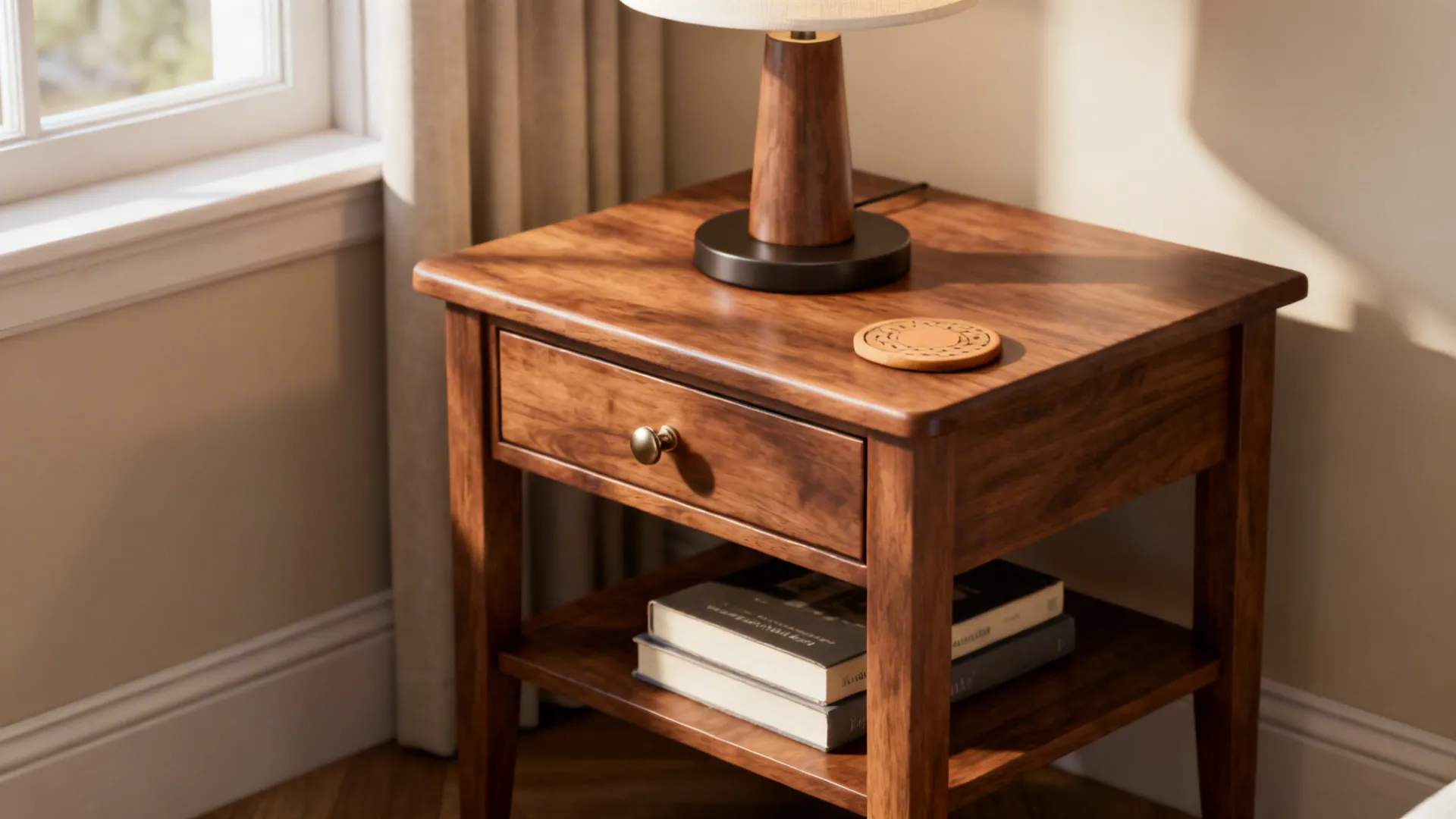 End table with a drawer and a bottom shelf holding books and a lamp in a living room