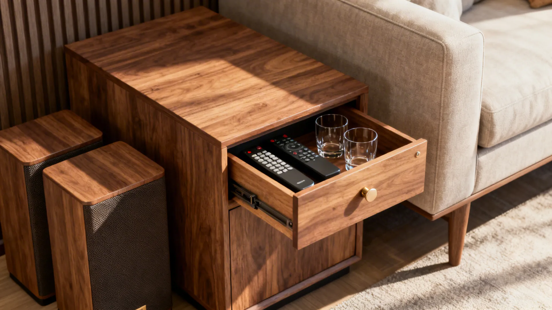 Wooden side table with an open drawer containing remote controls and glasses next to sofa
