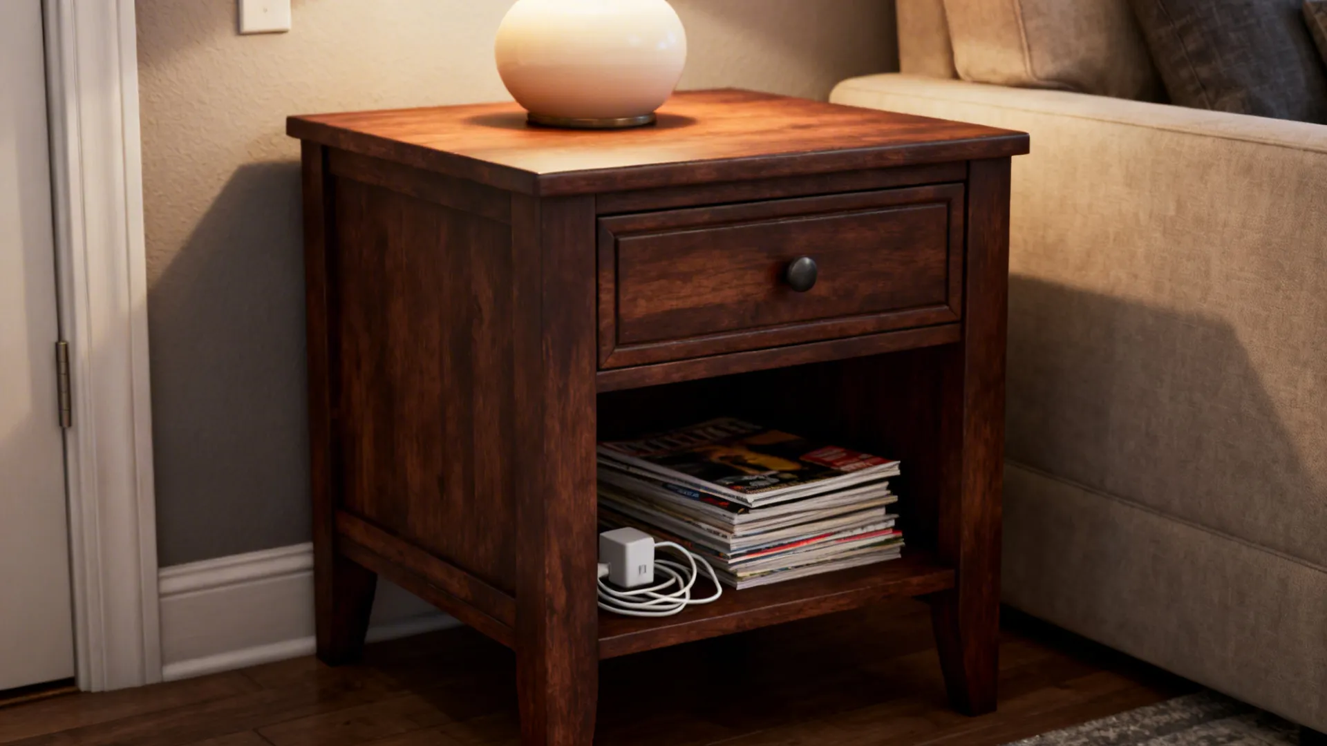 Wood end table with drawers and a lower shelf storing magazines and charging cords.