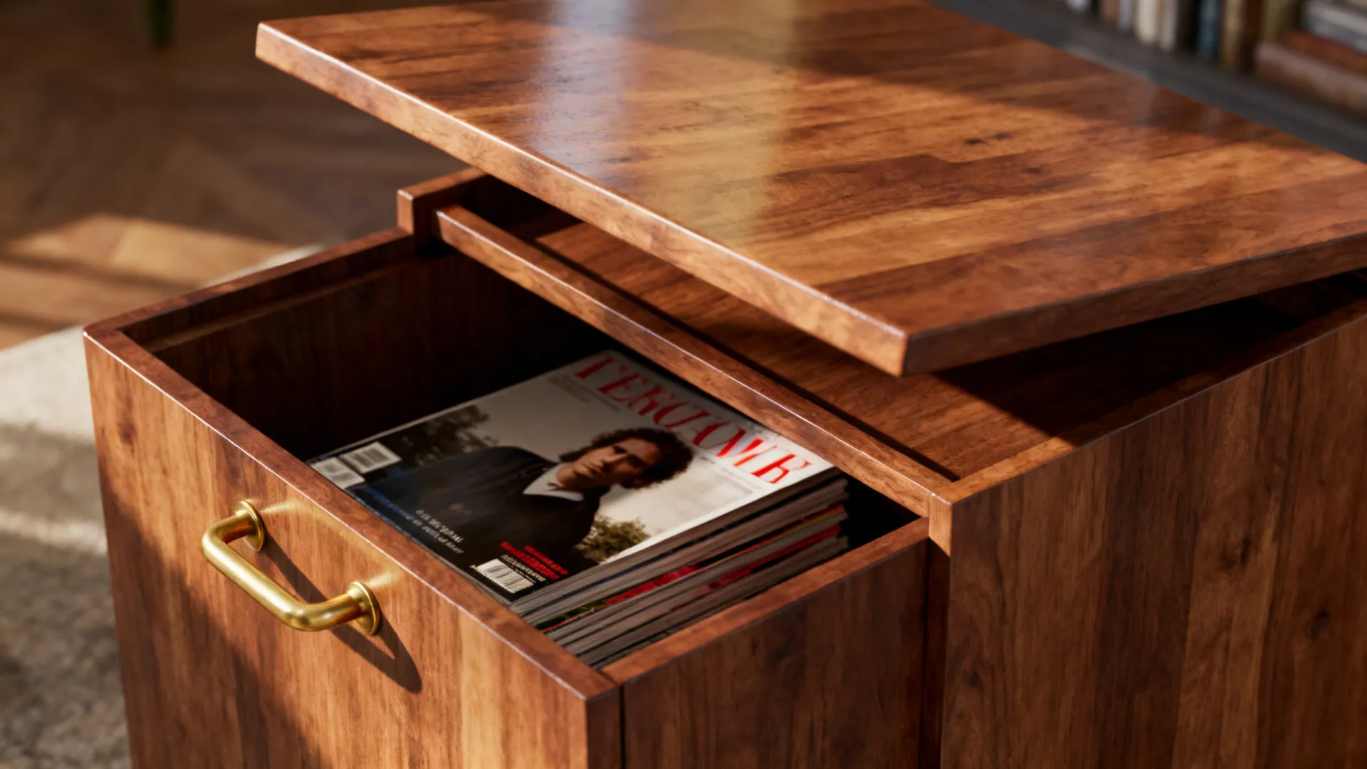 Multifunctional end table with drawer and removable tray being lifted to carry tea outdoors.