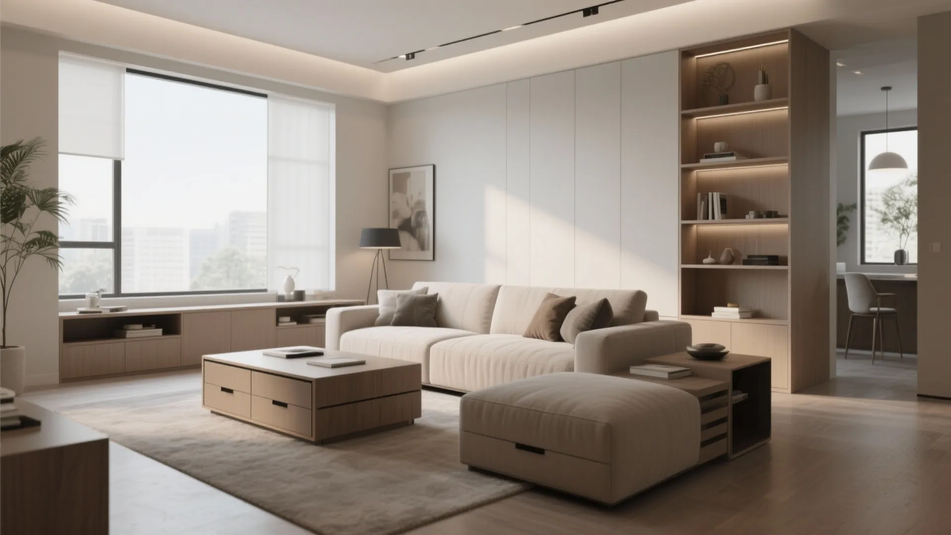 End tables with built-in storage in a spacious living room