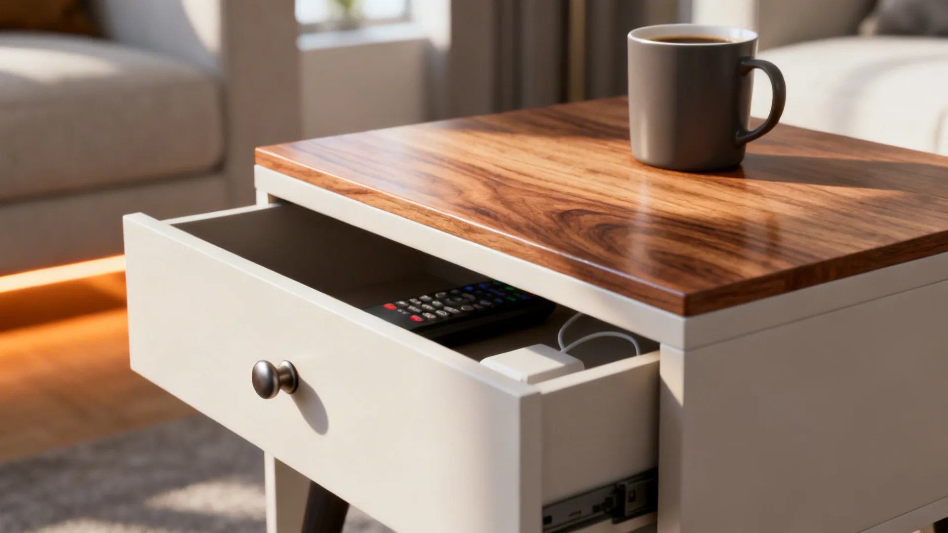 Rectangular end table with drawer and cubby storing remotes and chargers