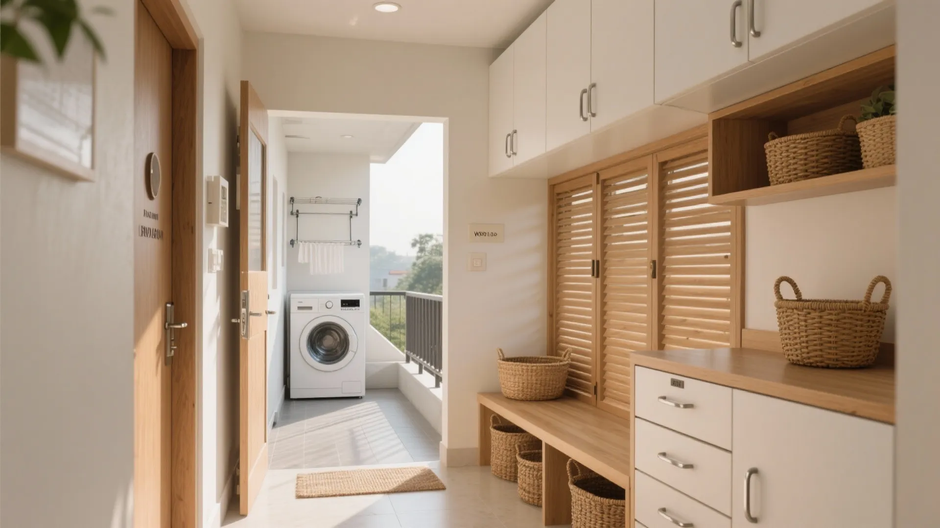 Storage smarts: lofts, entry bench, and a balcony utility zone