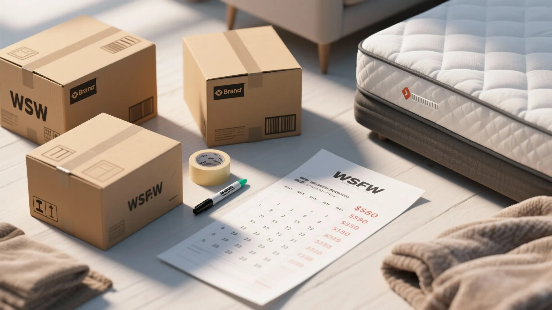 Flatlay of moving supplies, calendar and price list for storage budgeting