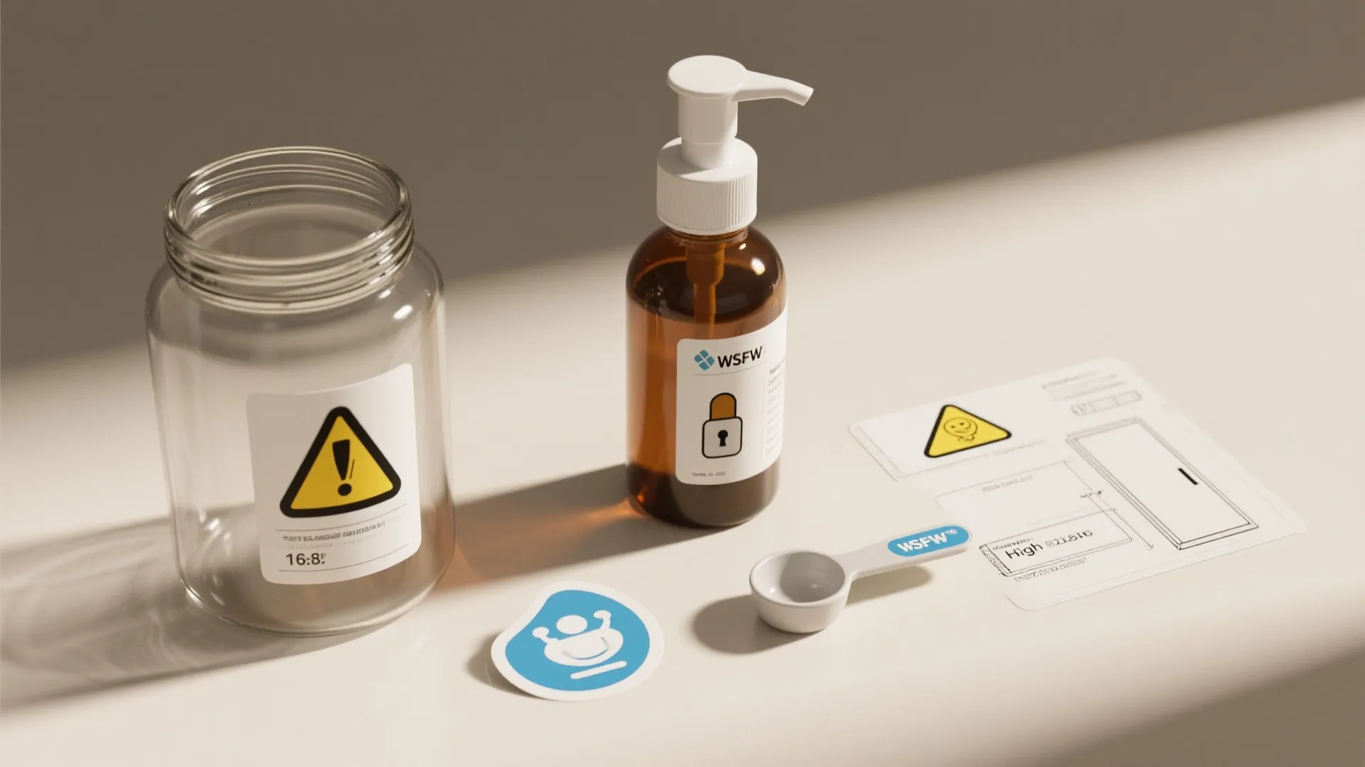 Glass jar and brown pump bottle with labels next to a measuring spoon and instructions