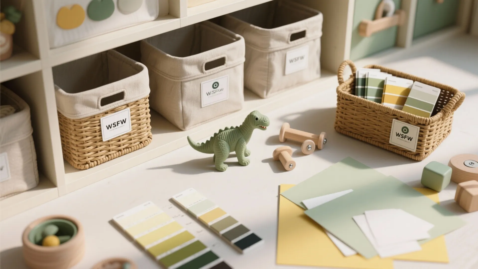 Storage shelves with woven baskets holding toy dinosaur and color swatches for kids room design