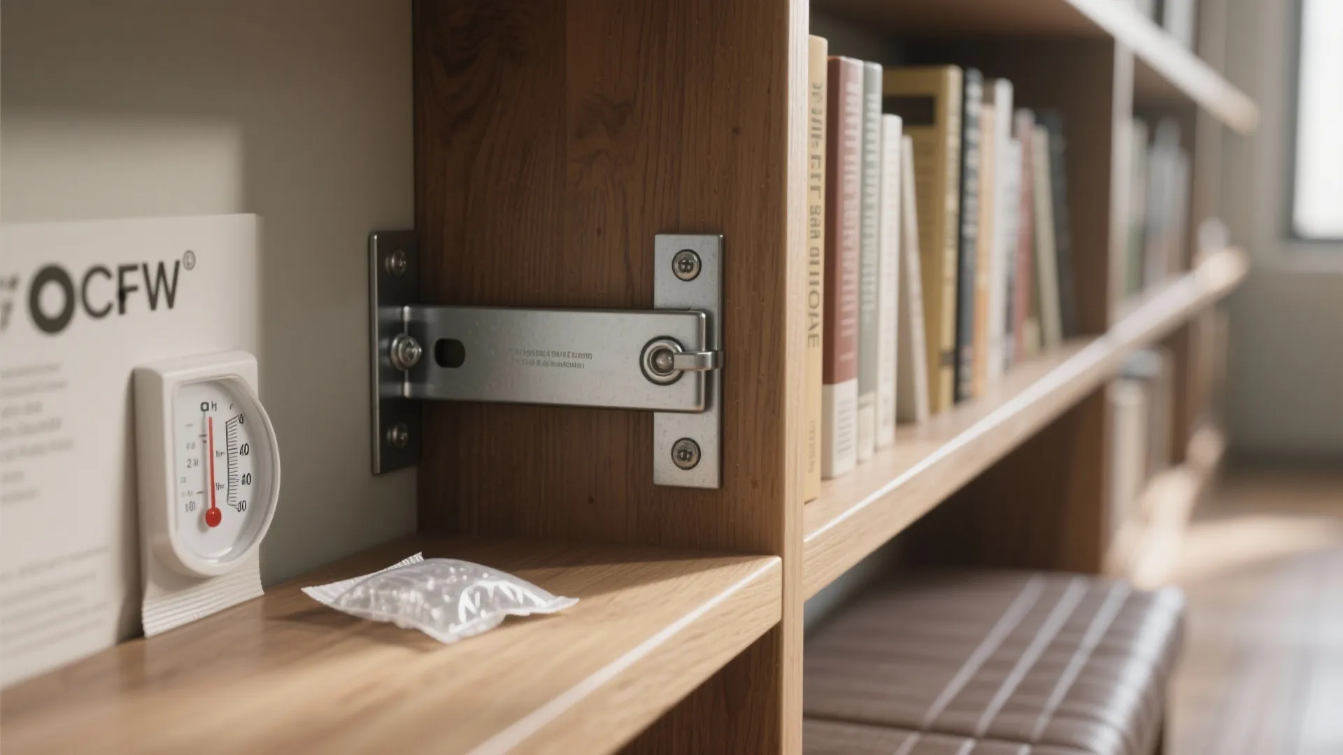 Close-up of concealed steel bracket, silica packet and hygrometer, and hinge detail for safe book storage.