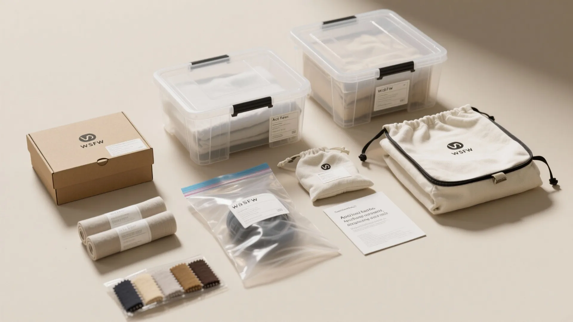 Flatlay of fabric storage essentials including clear bins, acid-free boxes, vacuum bags and labels illustrating care tips.