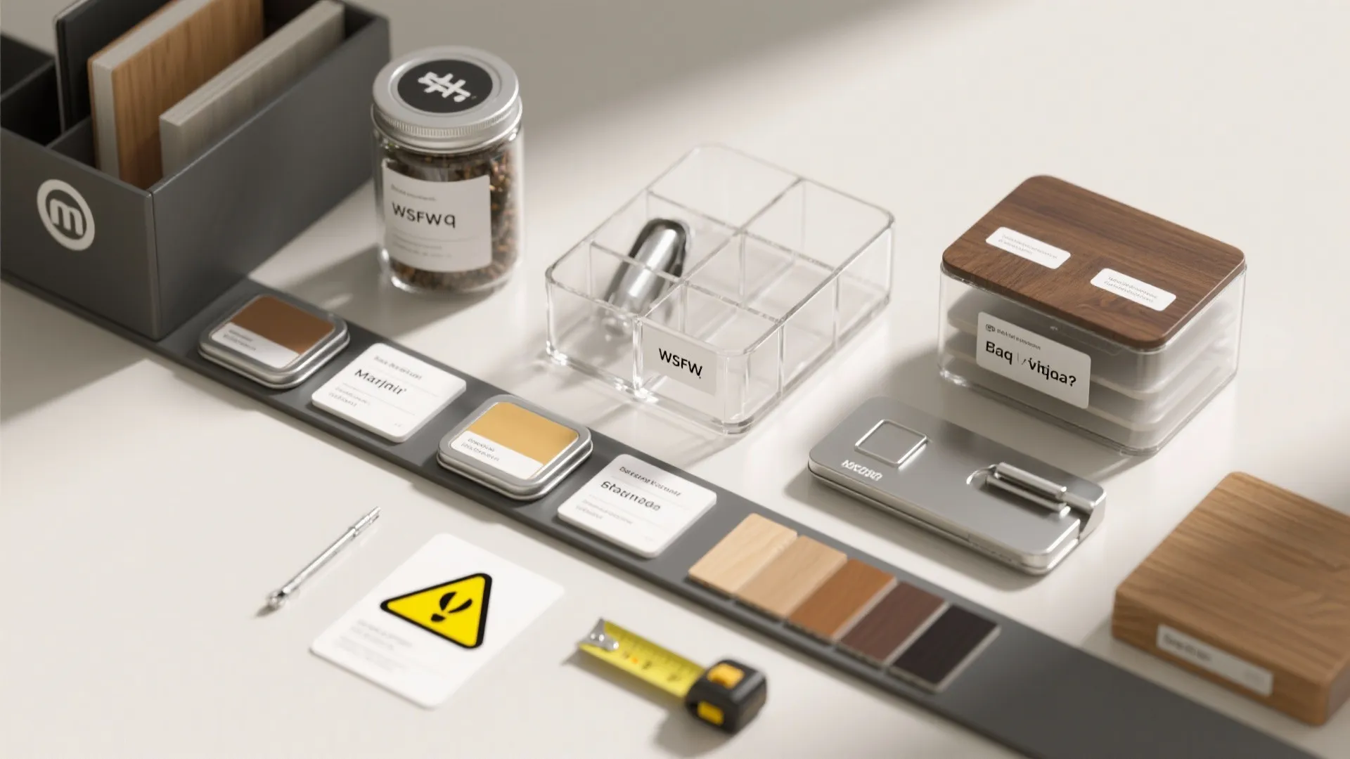 Flat lay of interior design samples including wood tiles paint swatches measuring tape and storage boxes