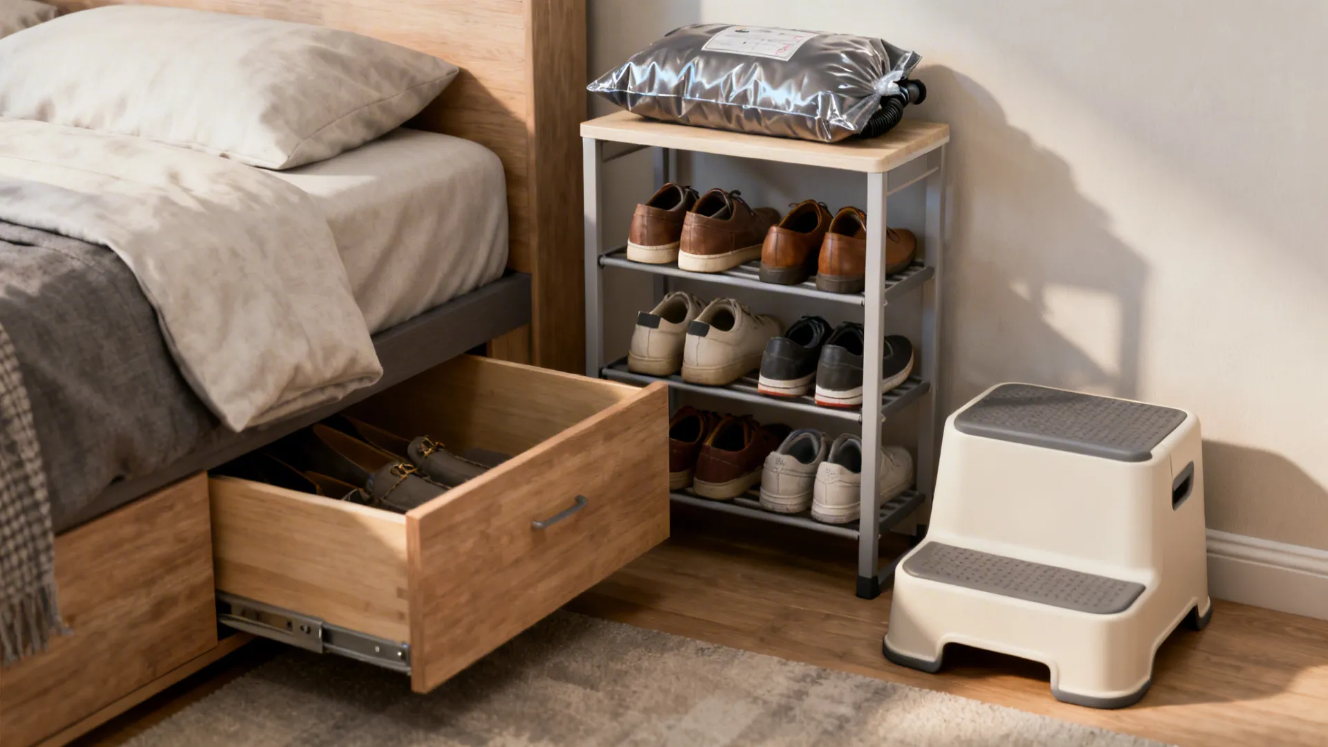 Collection of small bedroom storage solutions: under-bed drawer, slim shoe rack, vacuum bag, step stool.