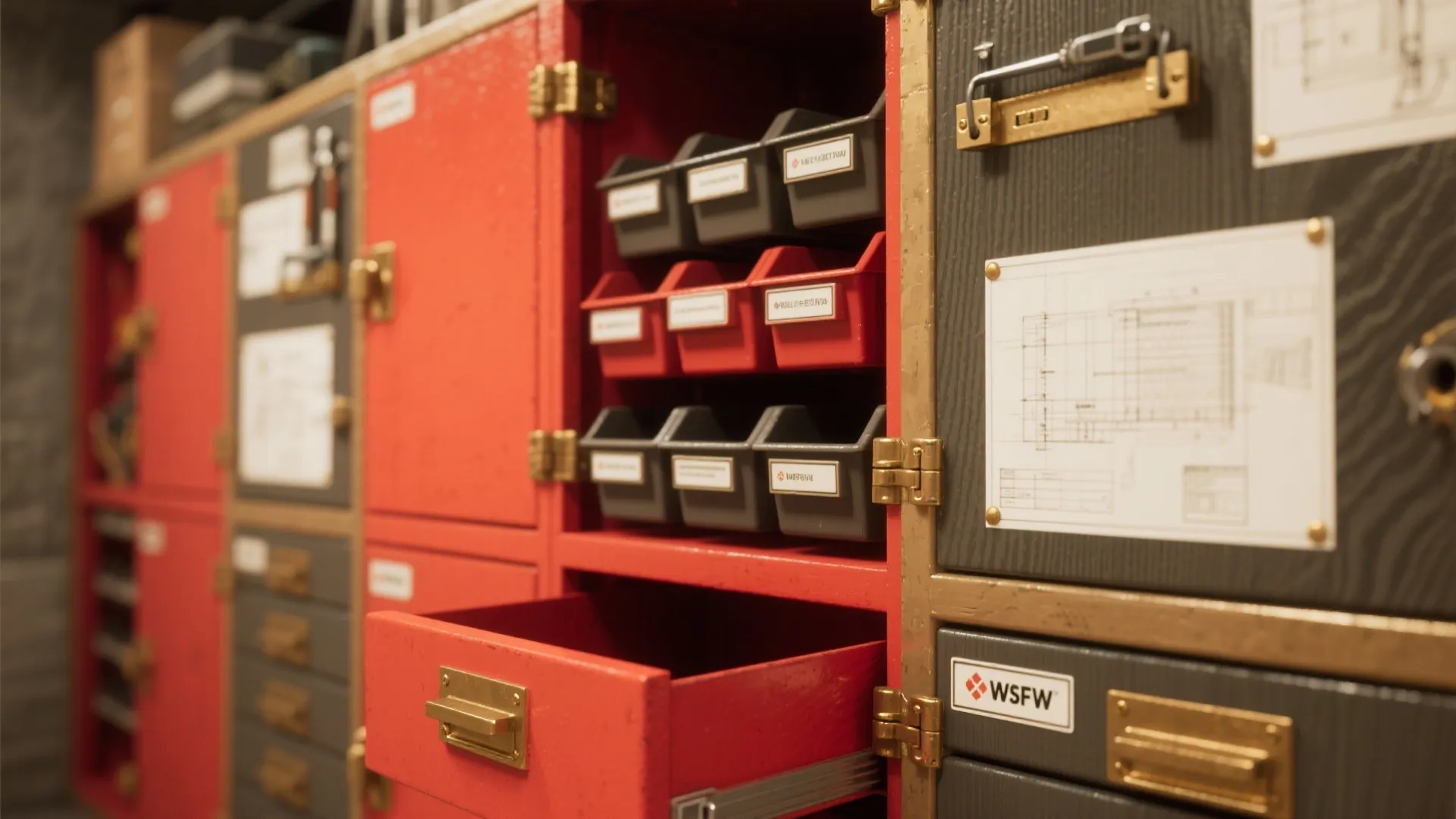 Red and grey storage cabinet with small organizer bins and an interior design drawing attached