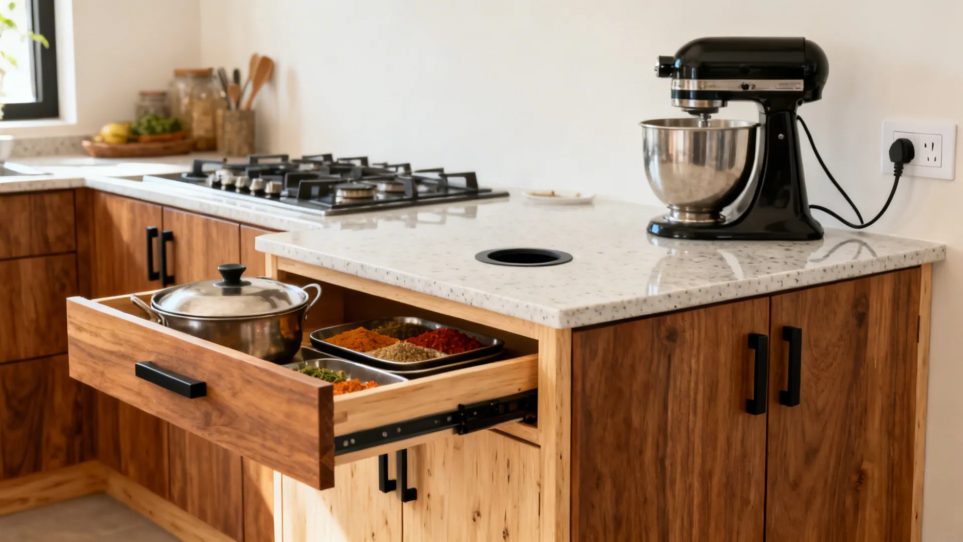 Wooden kitchen cabinet with open drawer holding a metal pot and trays for various spices