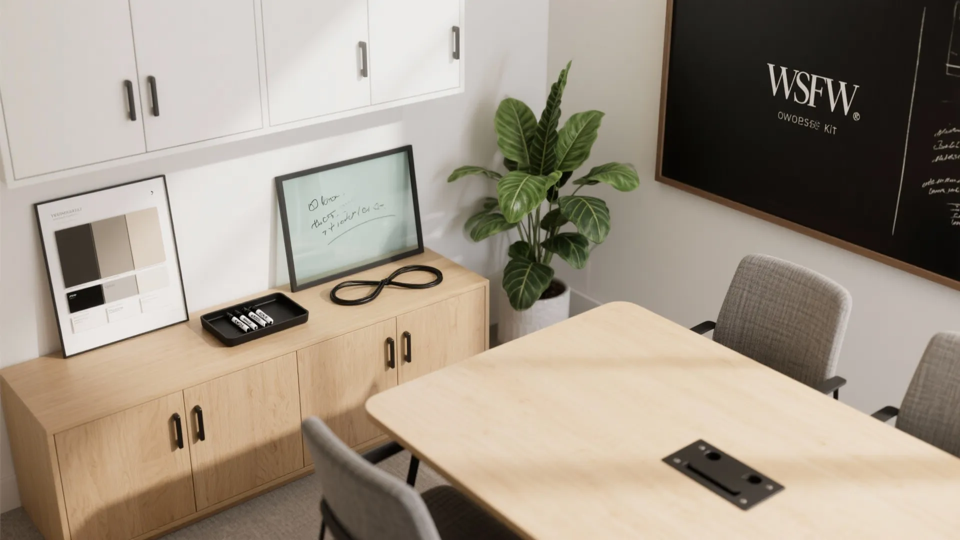 Office interior design drawing showing light wood cabinet, grey chairs, table, and green indoor plant