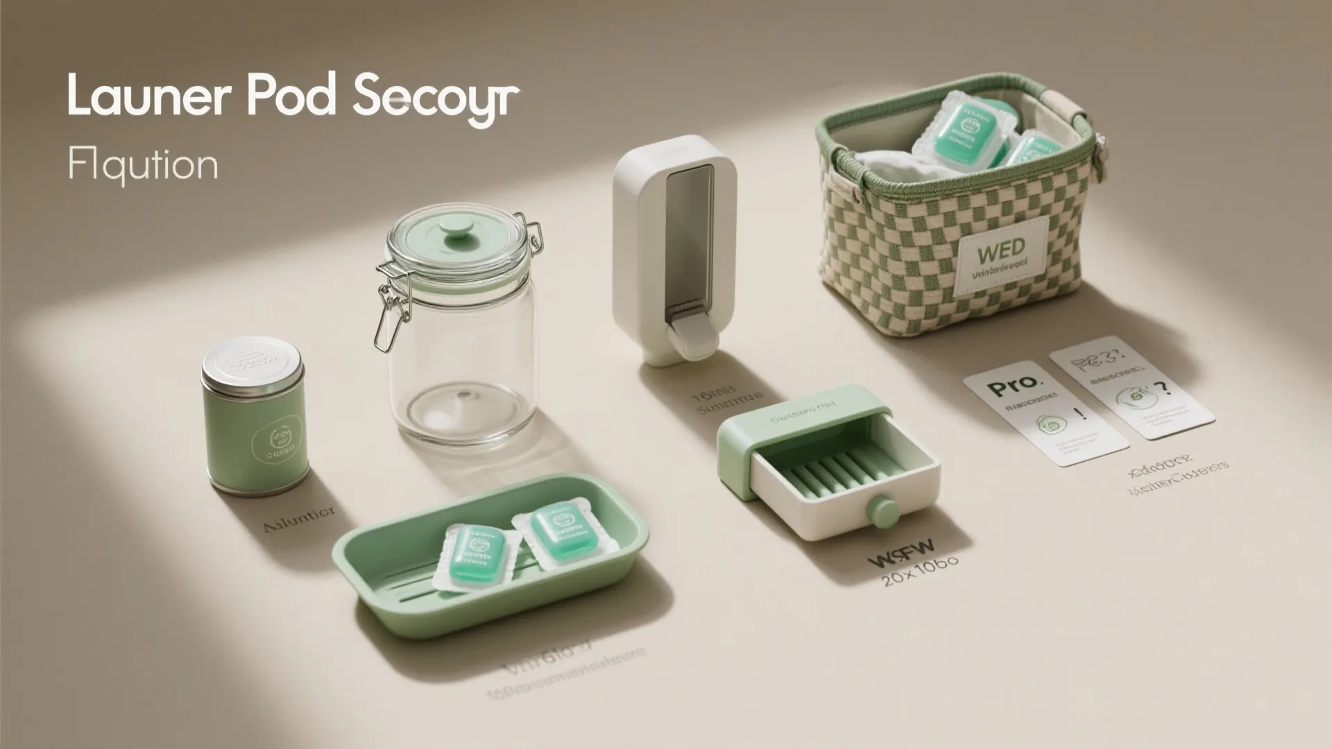 Top-down flatlay comparing different laundry pod storage options: jar, dispenser, magnetic canister, slide-out tray, and lined basket.