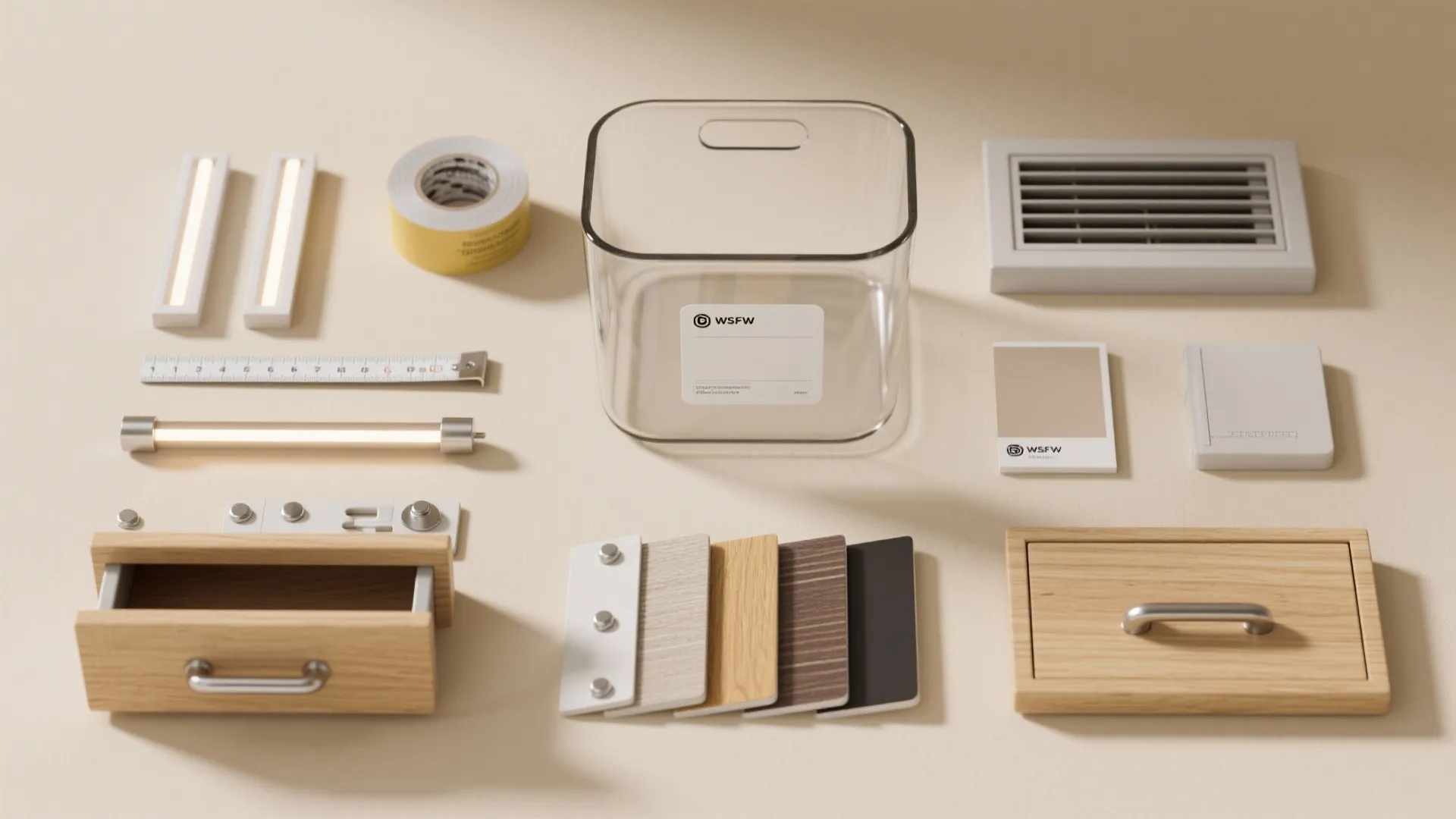 Flat lay of home organization supplies including plastic bin wooden drawer samples and light fixtures