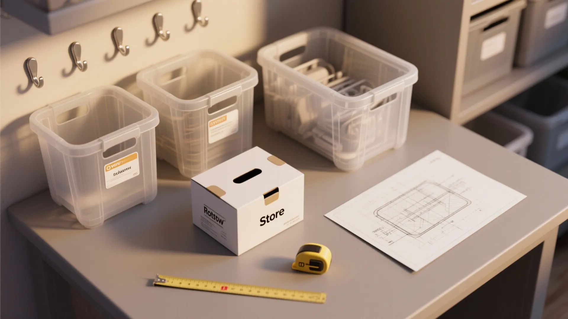 Plastic storage bins on desk with white box tape measure and room layout drawing paper