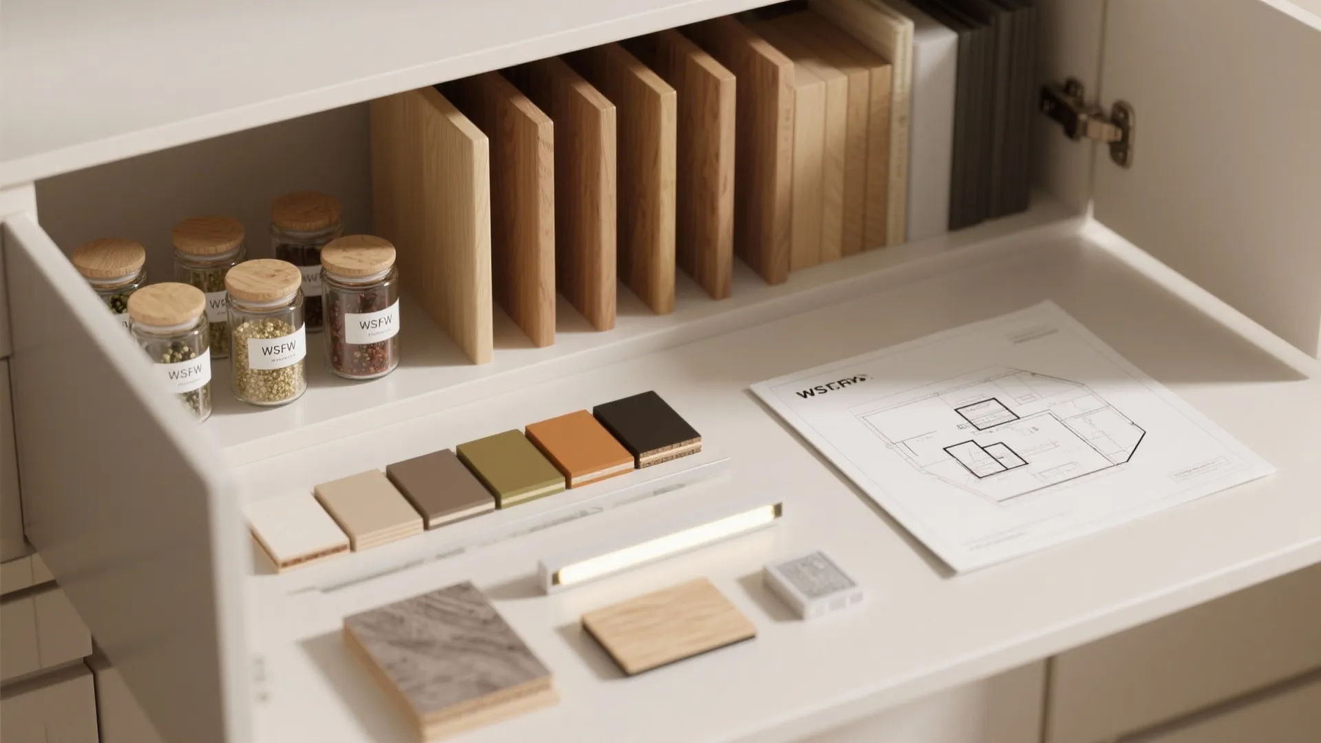 Organized white drawer containing wood samples spice jars color swatches and a room layout drawing.