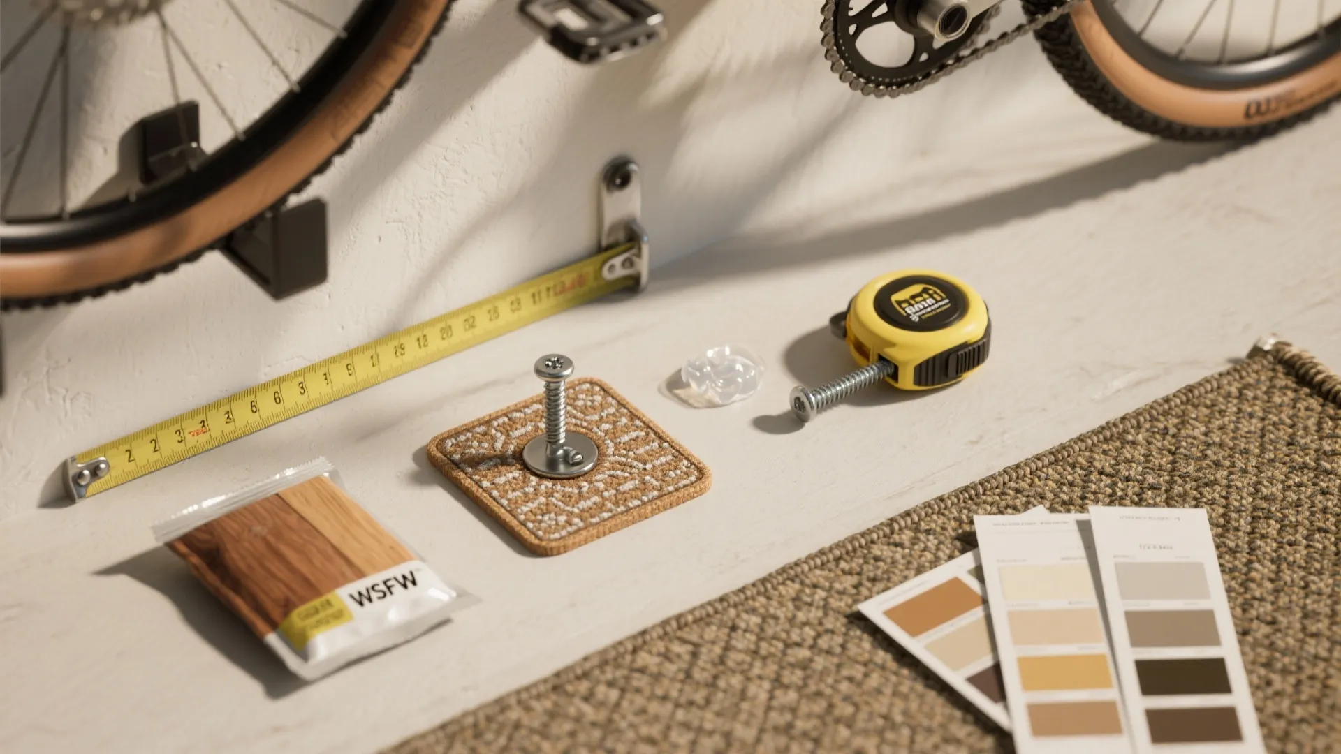 Measuring tape screw and color samples on floor for home interior design and wall storage