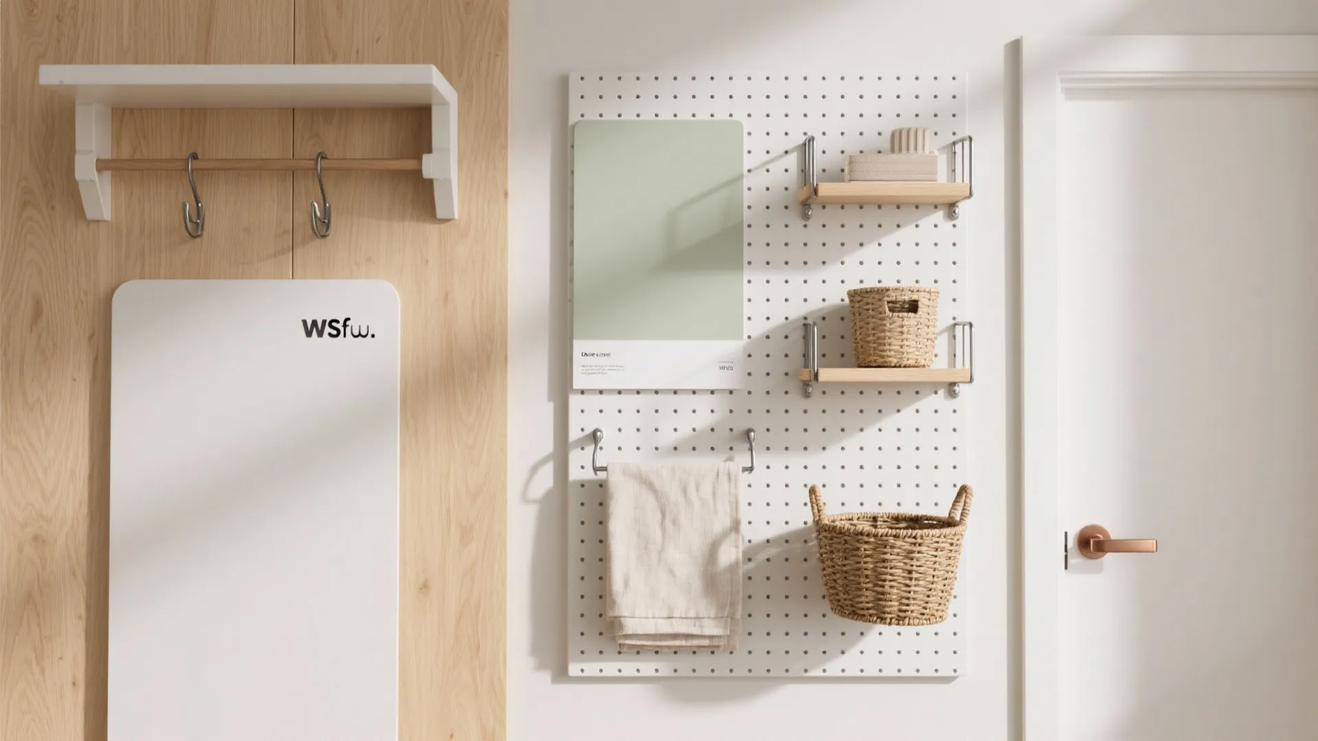 Wall-to-wall storage with a pegboard focal zone