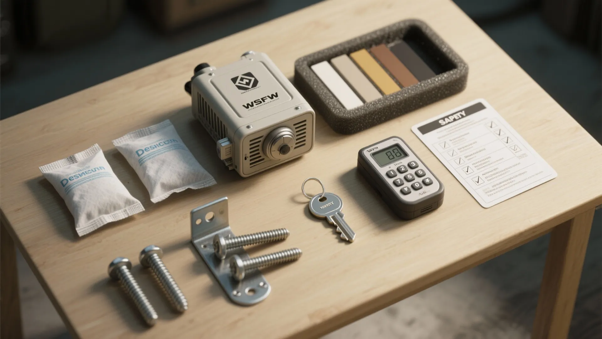 Wood table top with hardware parts keypad lock and metal screws for a home security project
