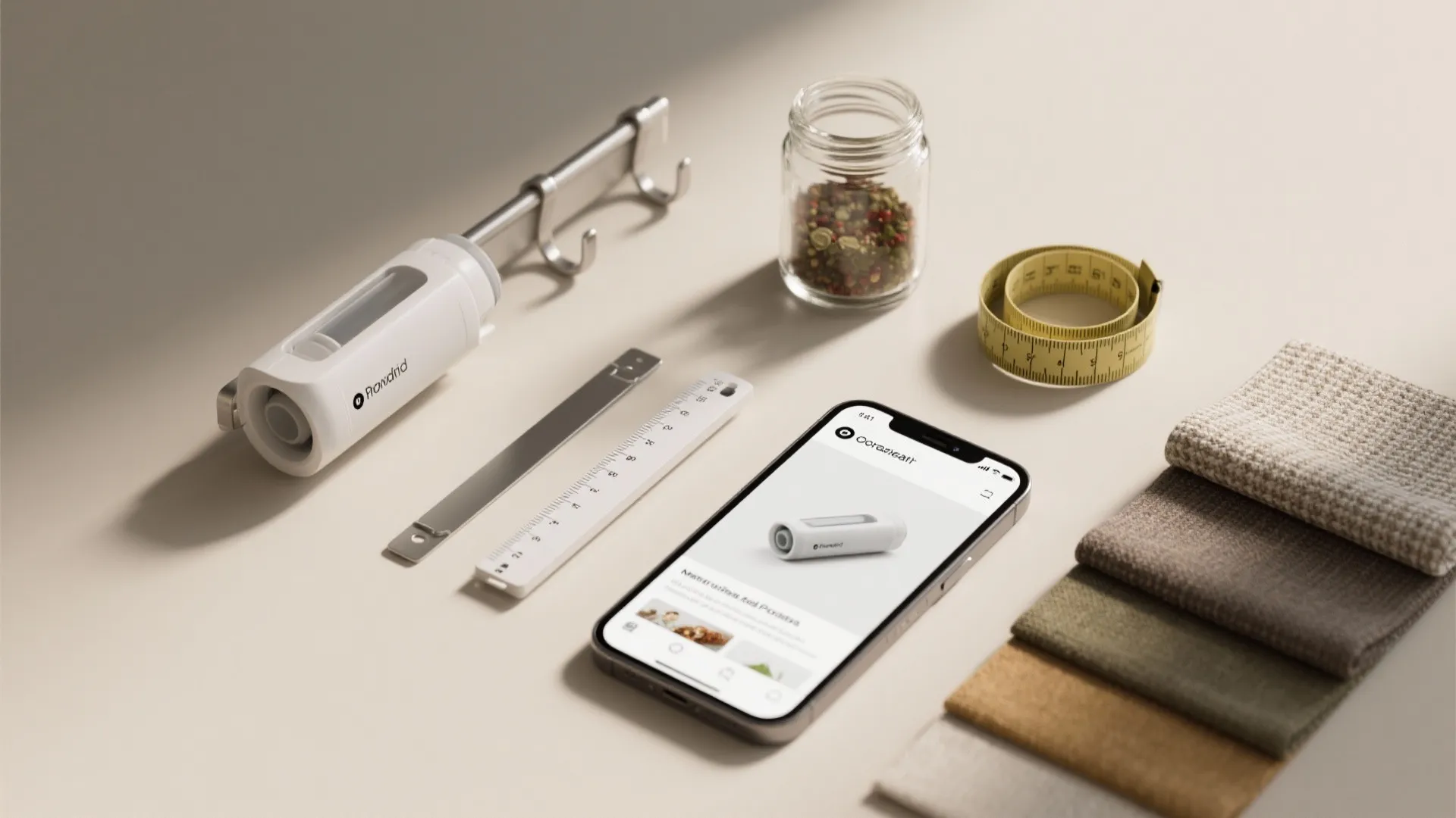 Phone showing furniture app next to measuring tape fabric samples and small tools on desk
