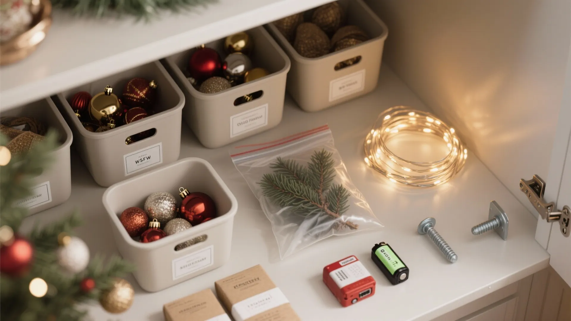 Top-down flatlay of compact holiday storage items: labeled bins, vacuum-seal bag, coiled LED lights and mounting hardware.
