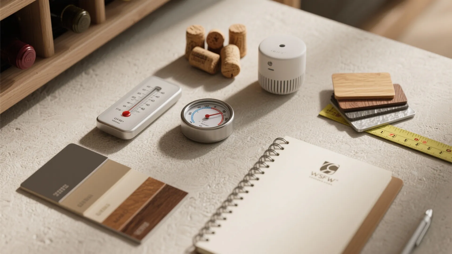 Interior design flat lay with thermometers, color samples, notebook, small white sensor, and wooden corks