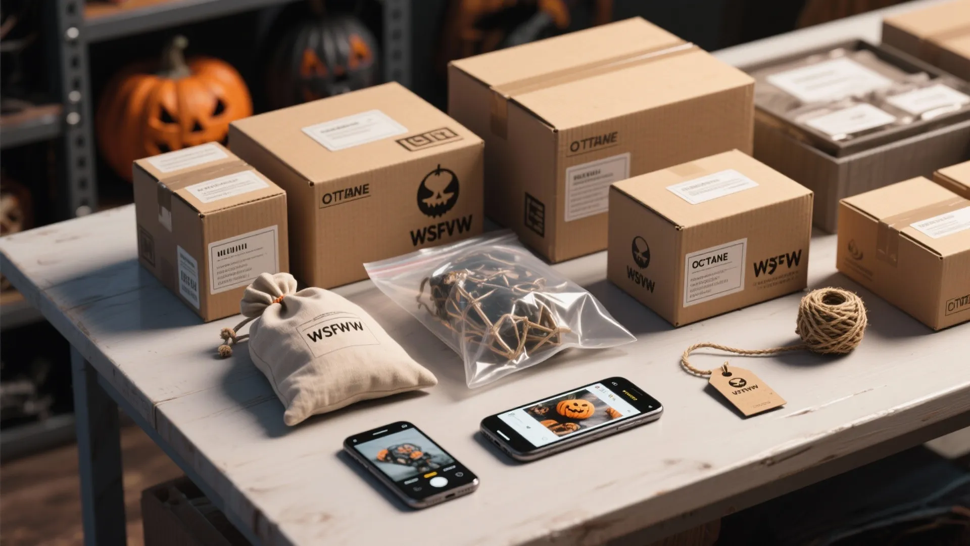 Cardboard shipping boxes on wooden table with cloth bag plastic pouch phones and orange pumpkins