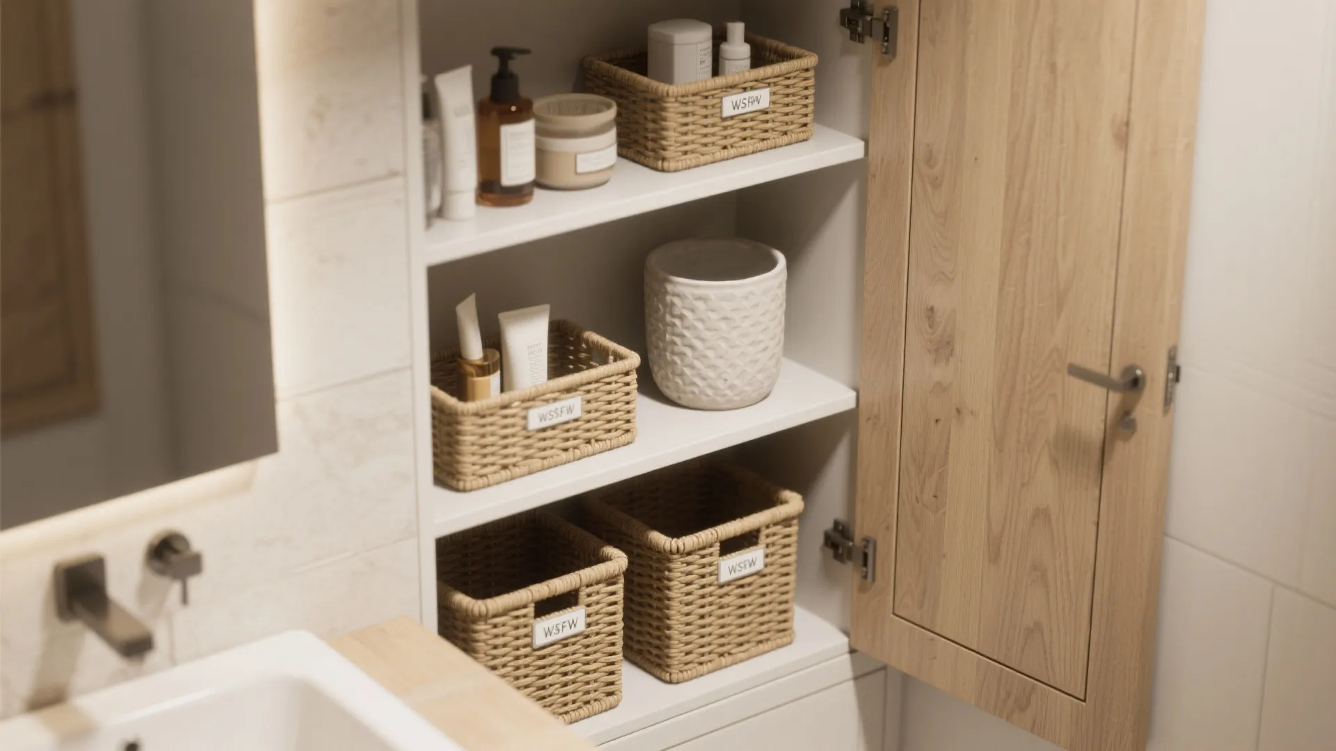 Open wooden cabinet with white shelves holding woven storage baskets and various bathroom beauty products