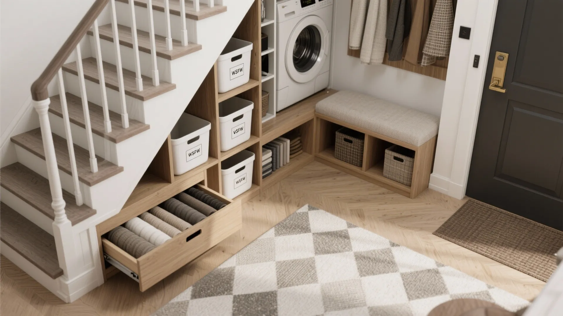 Functional laundry and storage area under stairs featuring wooden shelves, white bins, and washing machine