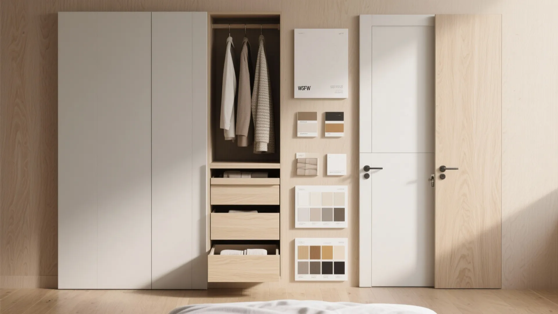 Modern wood cabinet with open shelves and color palette cards next to white bedroom door