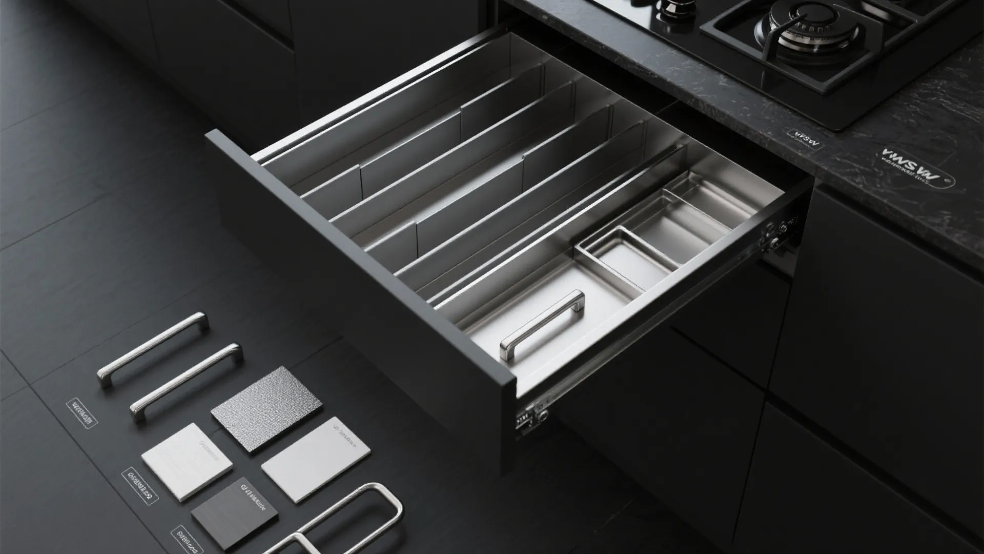 Modern black kitchen cabinet drawer open with silver metal organizers and various hardware material samples