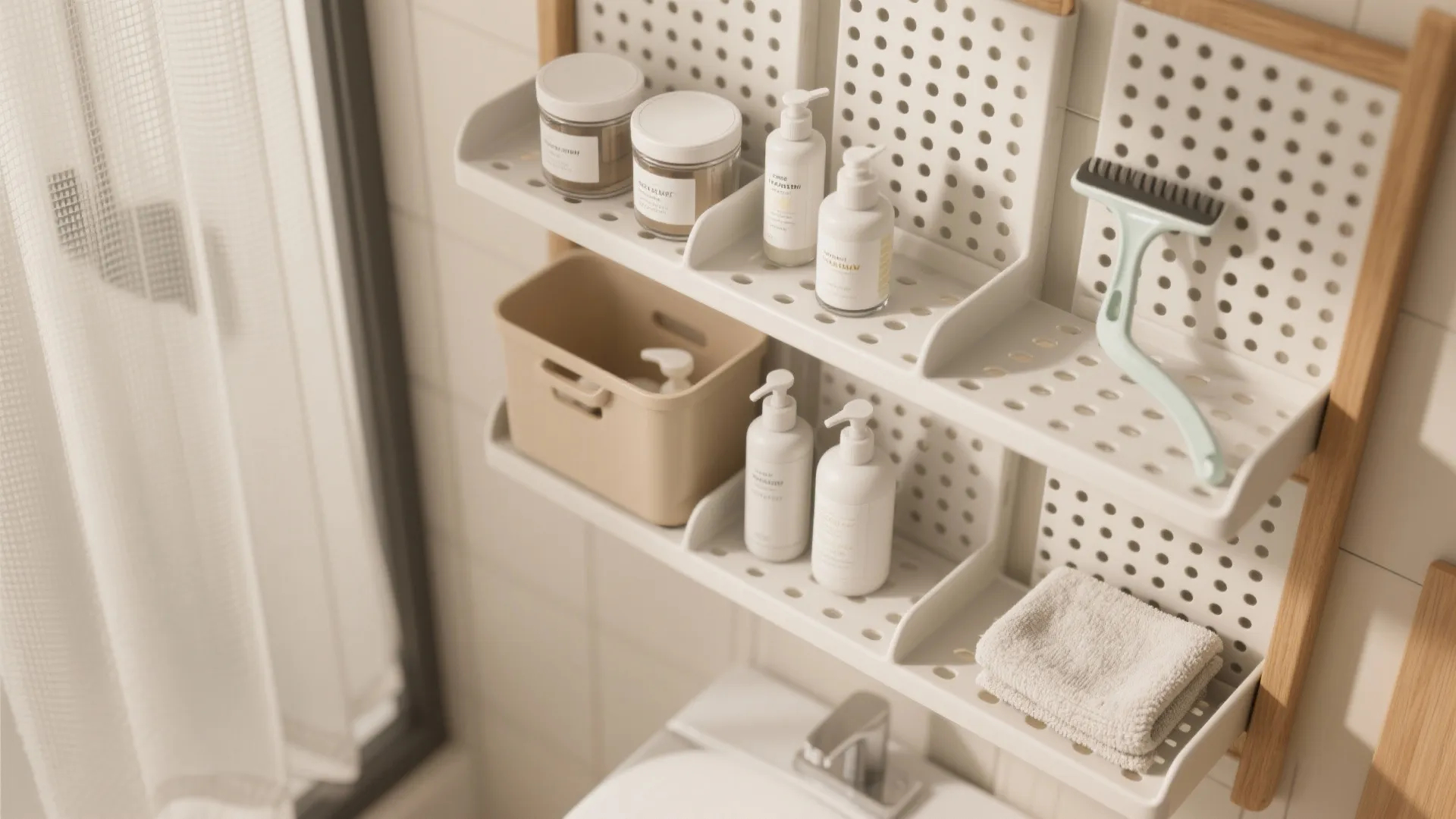 White wall storage board with shelves holding soap bottles, cream jars, and a clean towel
