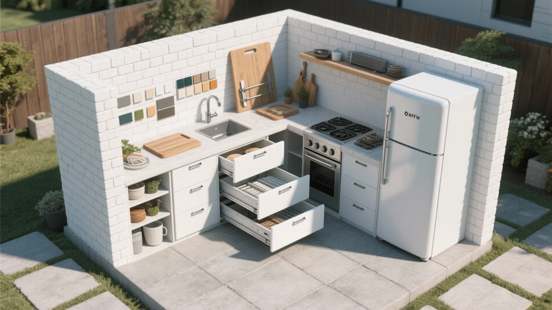 Modern outdoor kitchen with white brick walls white cabinets sink stove fridge and open drawers