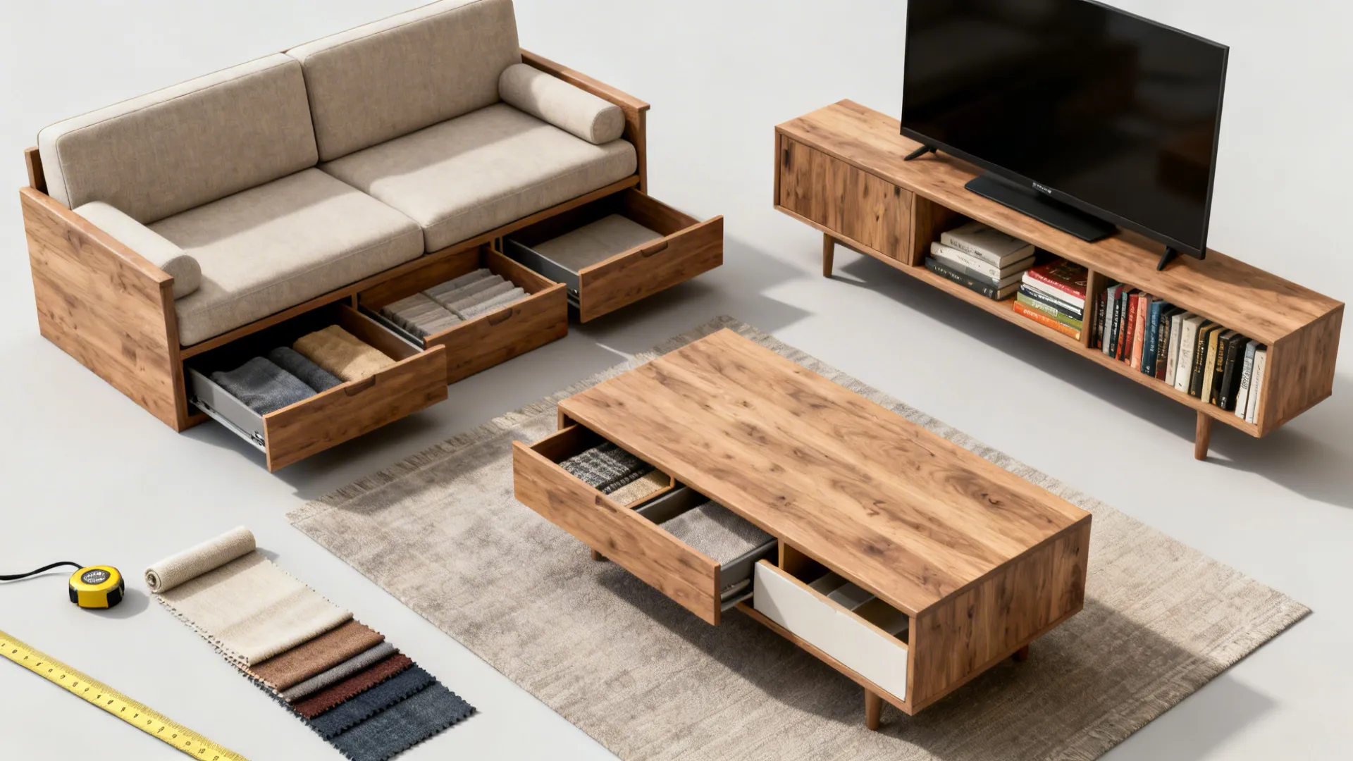Flatlay of sleeper sofa storage drawers, TV console bookshelf, and hidden-compartment coffee table with fabric swatches.