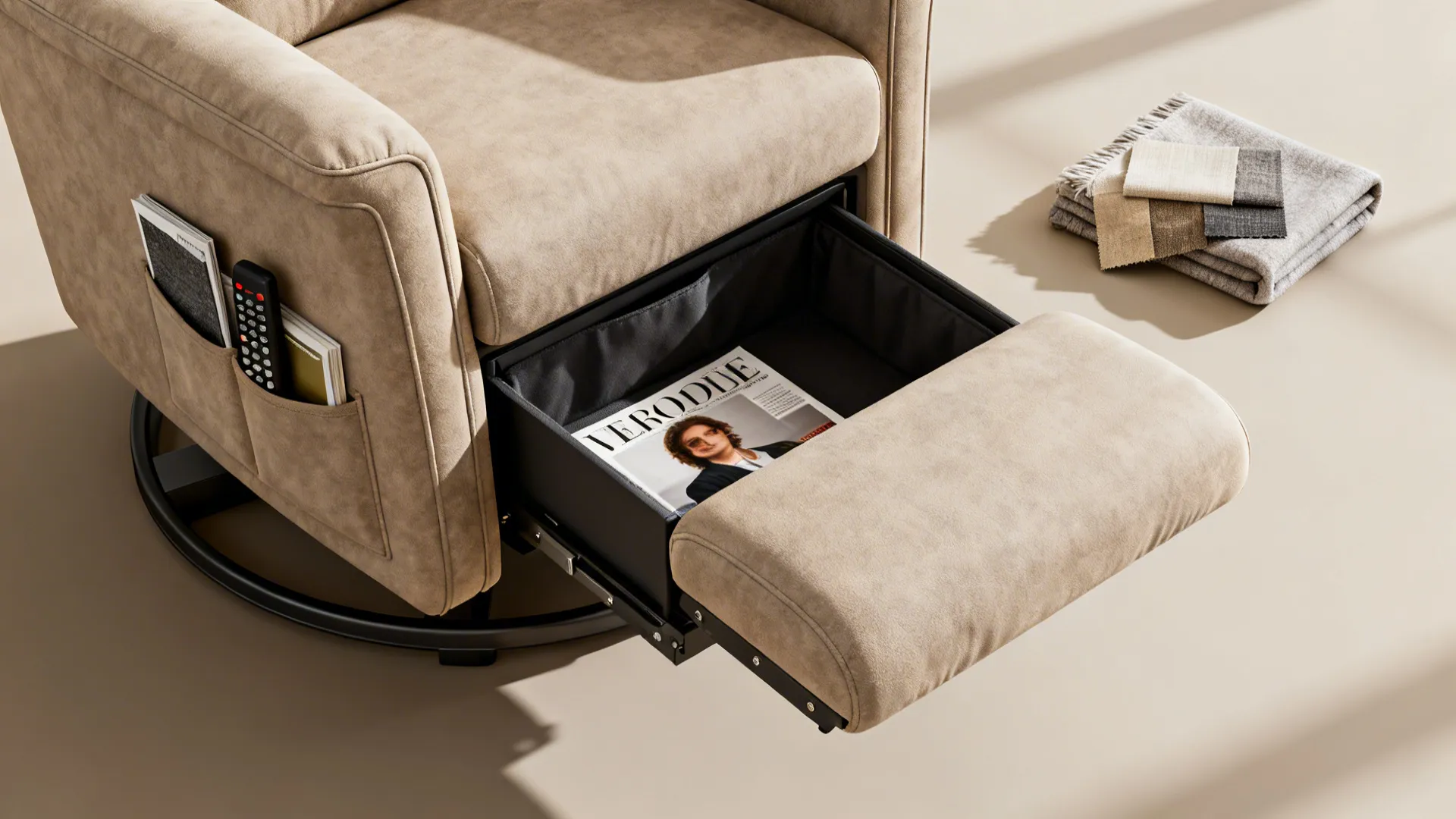 Flatlay showing swivel recliner storage elements: ottoman compartment, side pocket with remotes, and fabric swatches.