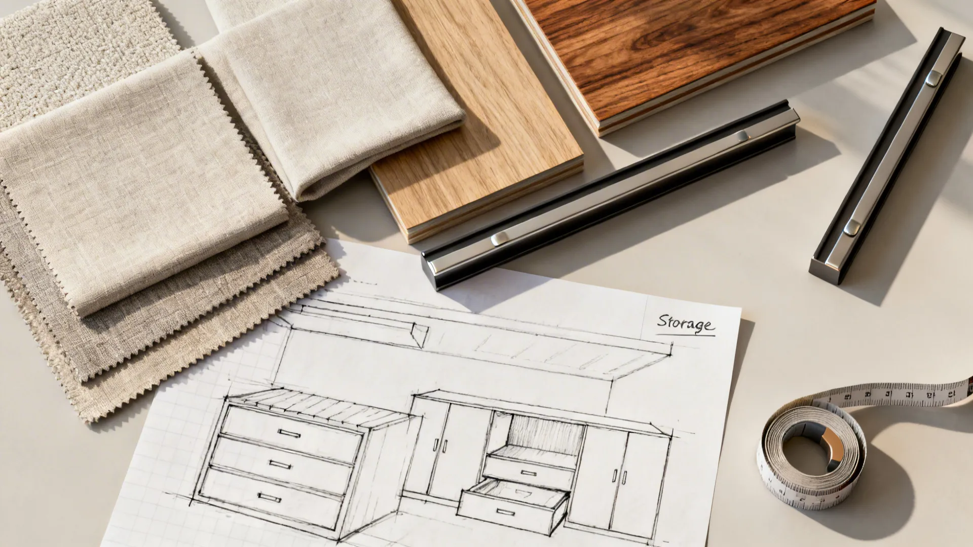 Top-down layout of material swatches, hardware and sketches for hidden storage and vertical cabinetry.