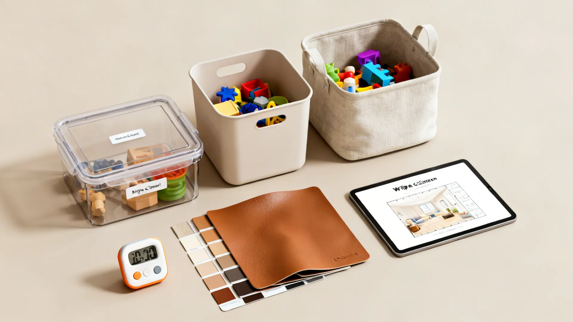 Flatlay of labeled bins, fabric baskets, vinyl swatch, timer, and a room planner tablet for toy storage planning.