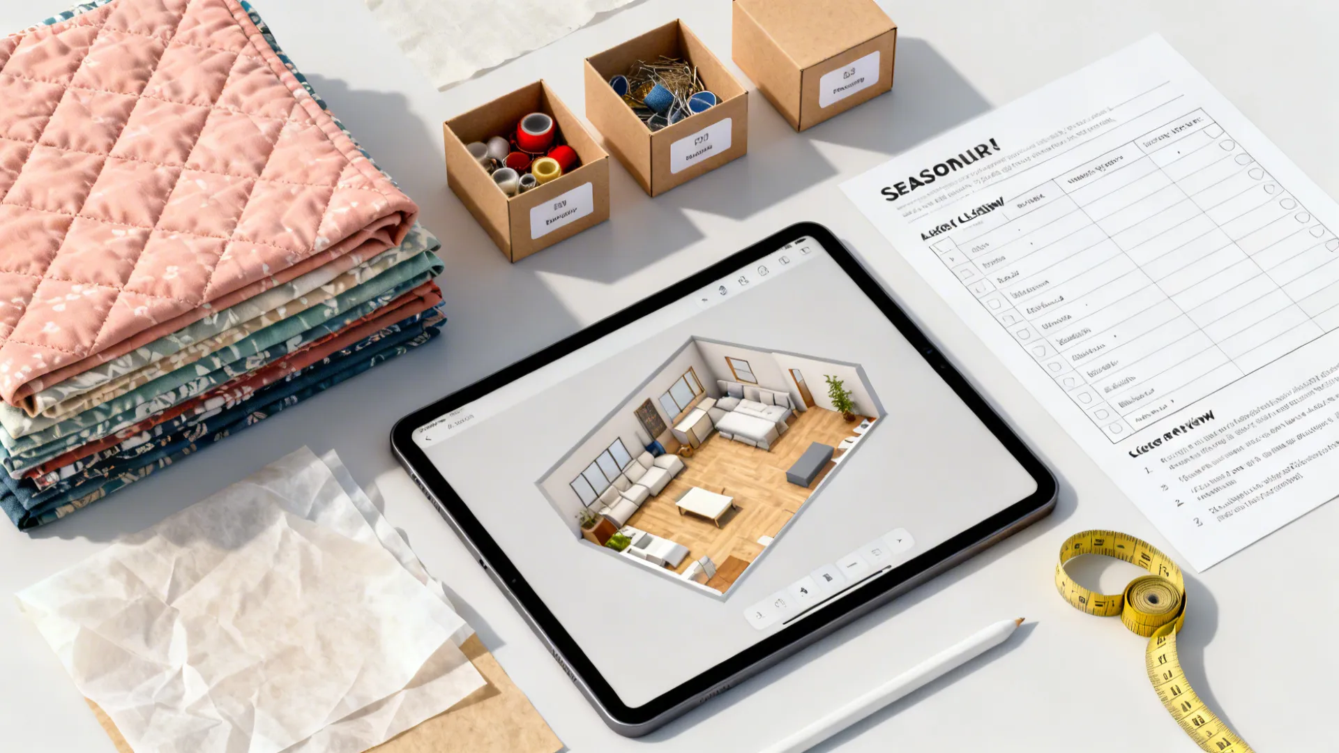 Flatlay of planning tools: fabric samples, tissue, measuring tape, and a tablet with a room planner.