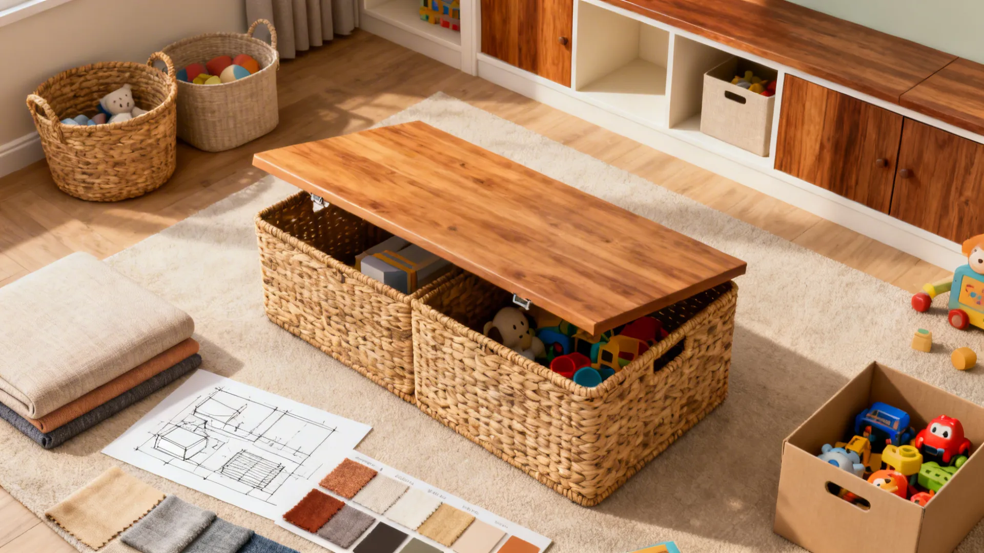 Top-down flatlay of storage solutions: baskets, lift-top table, cubby concepts, and washable fabric swatches for family rooms.