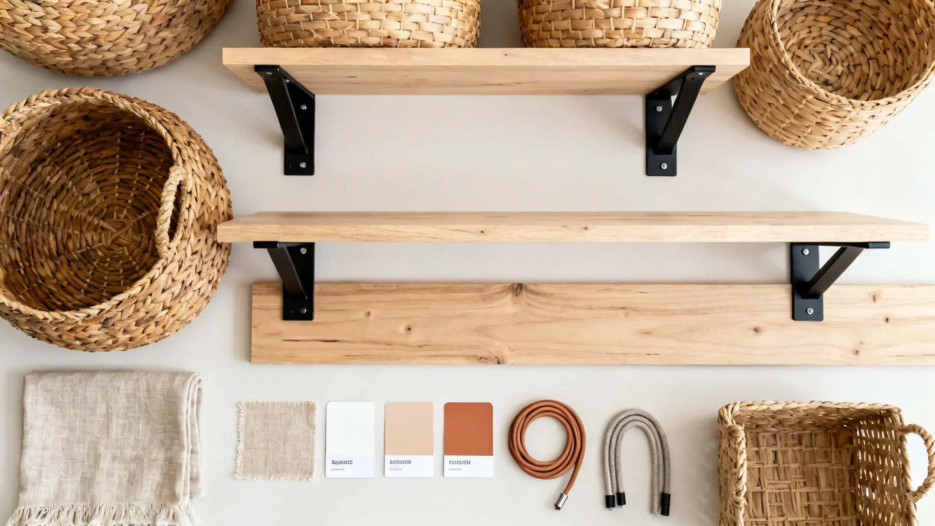 Top-down flat lay of woven baskets, oak shelves, matte brackets, linen swatch, cord covers, and warm paint chips.
