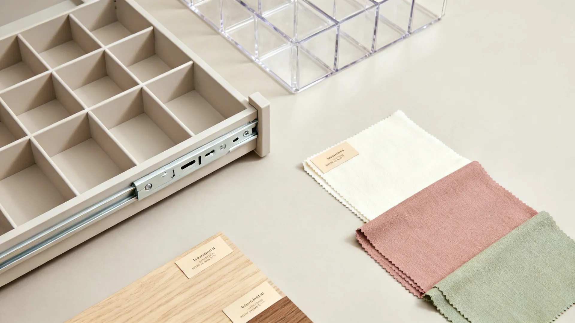 Flatlay of shallow trays, clear bins, runners, labels, oak samples, and fabric swatches.