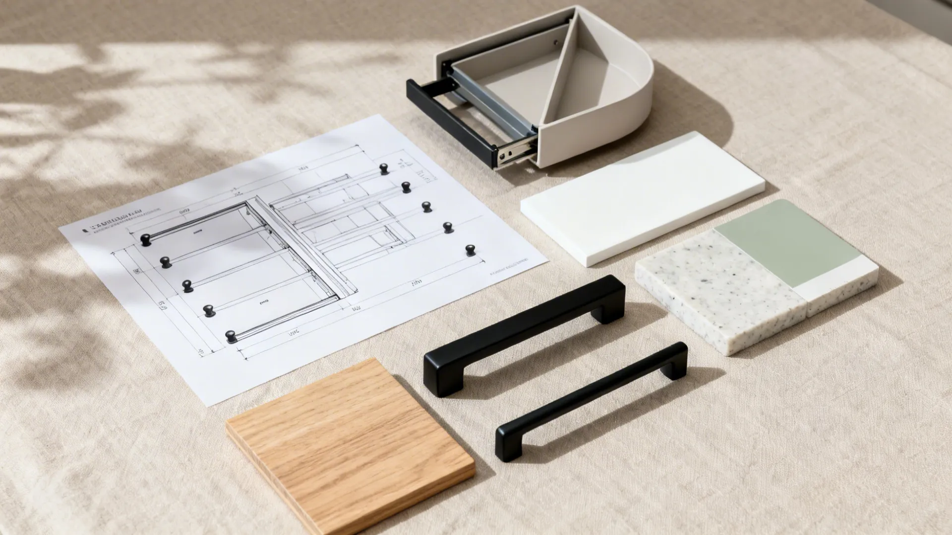 Flatlay of storage hardware and material swatches for a minimalist small kitchen.
