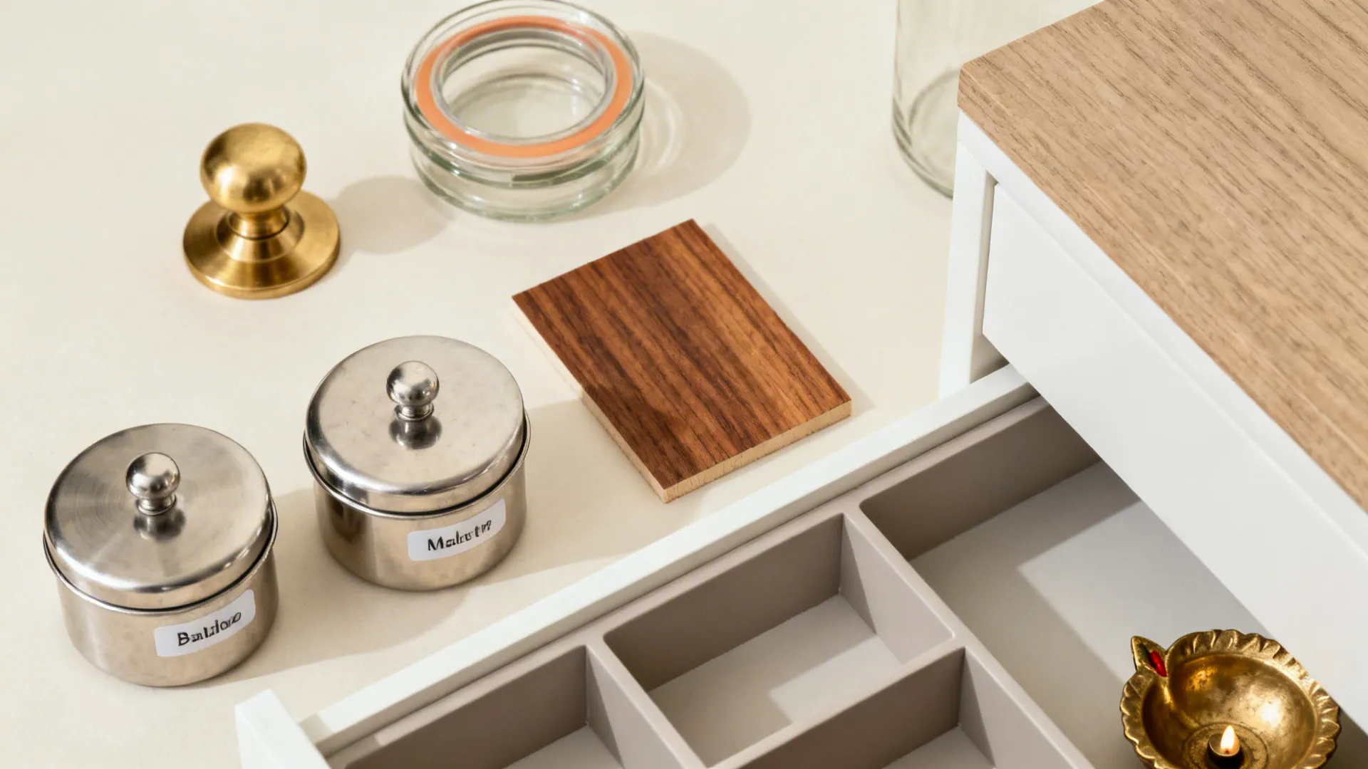 Flatlay of brass knobs, steel canisters, gasketed jars, and teak veneer for organized storage.