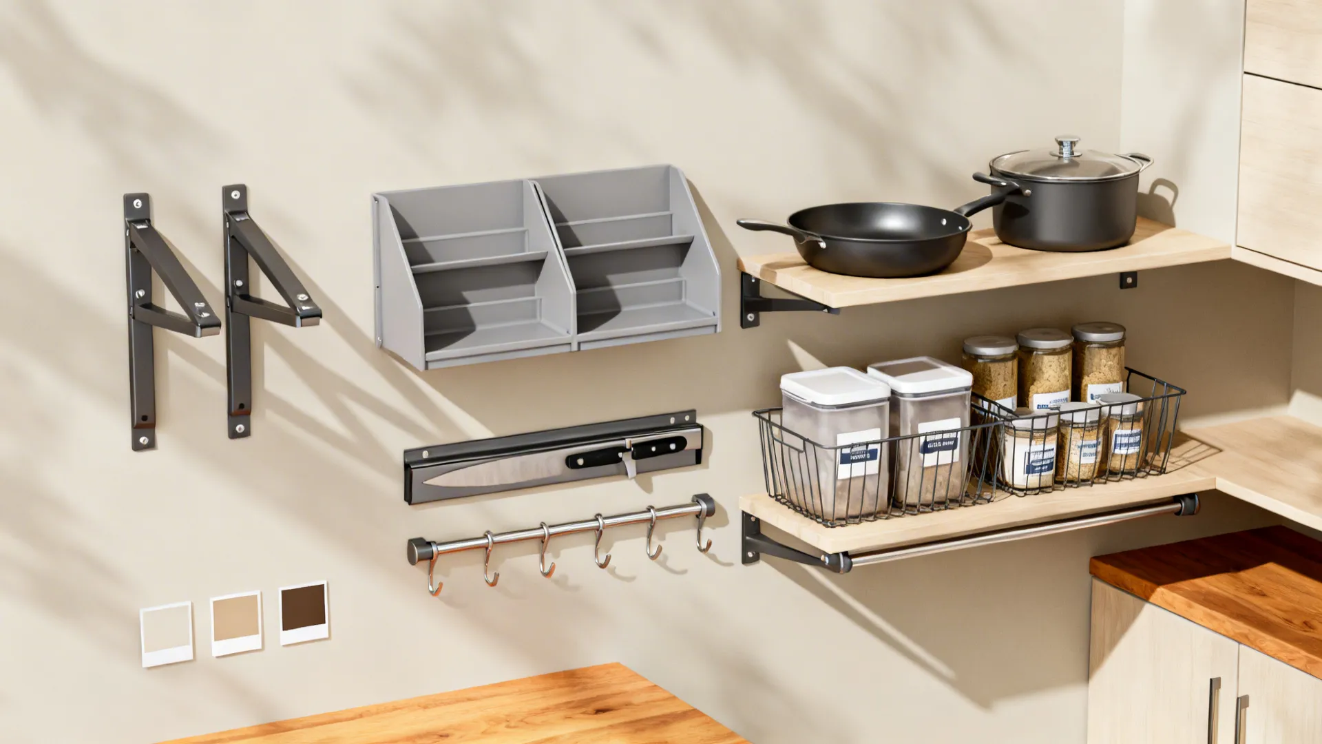 Flat lay of budget storage organizers like dividers, baskets, and a magnetic strip.