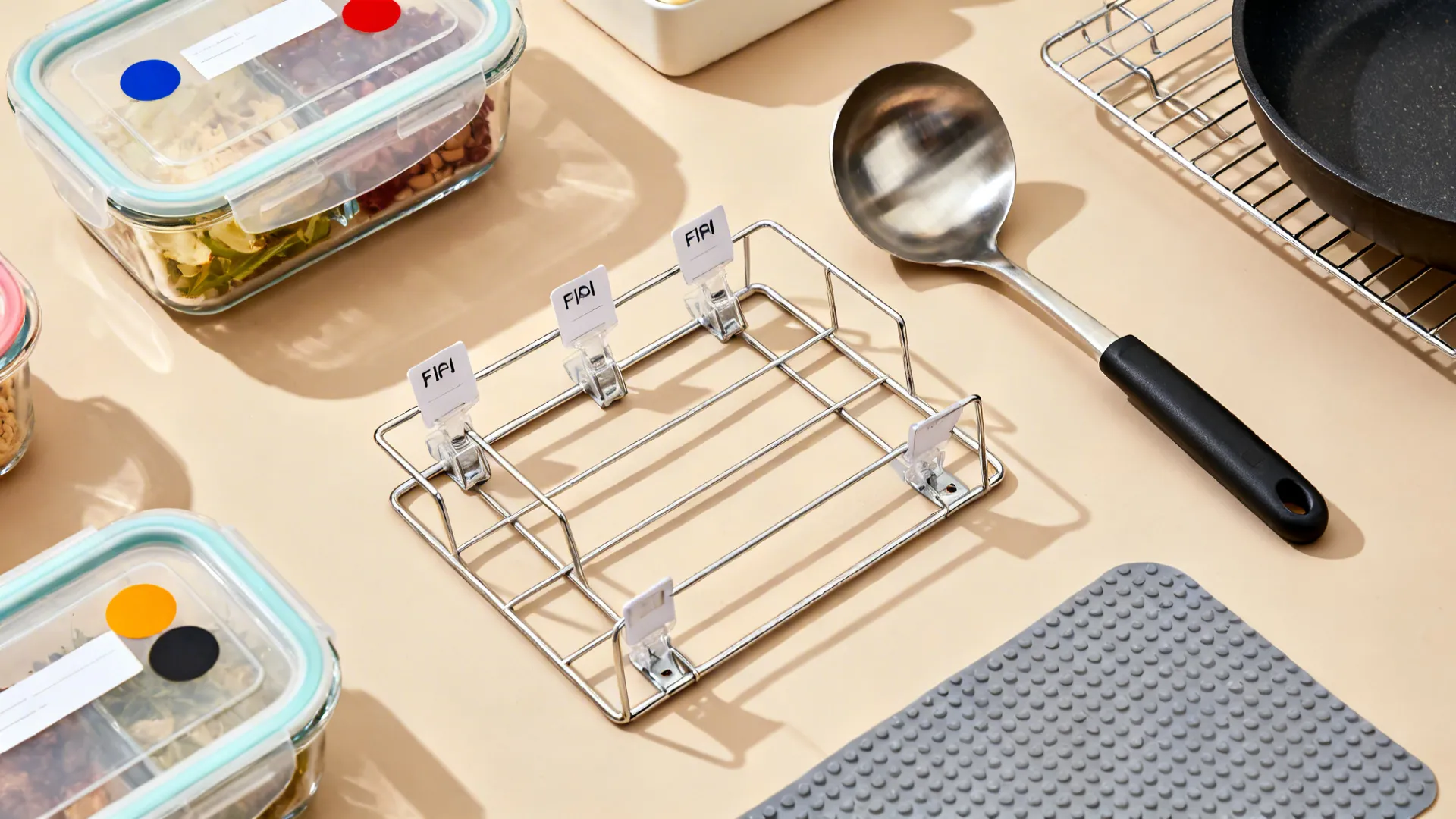 Flat lay of sealed food bins, label holders, stainless ladles, and shelf accessories for FIFO.